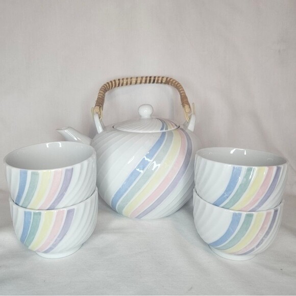 Vintage Other - Vintage Pastel Rainbow Porcelain Tea Set - 4 Cups 1 Teapot 70s-80s Made In Japan